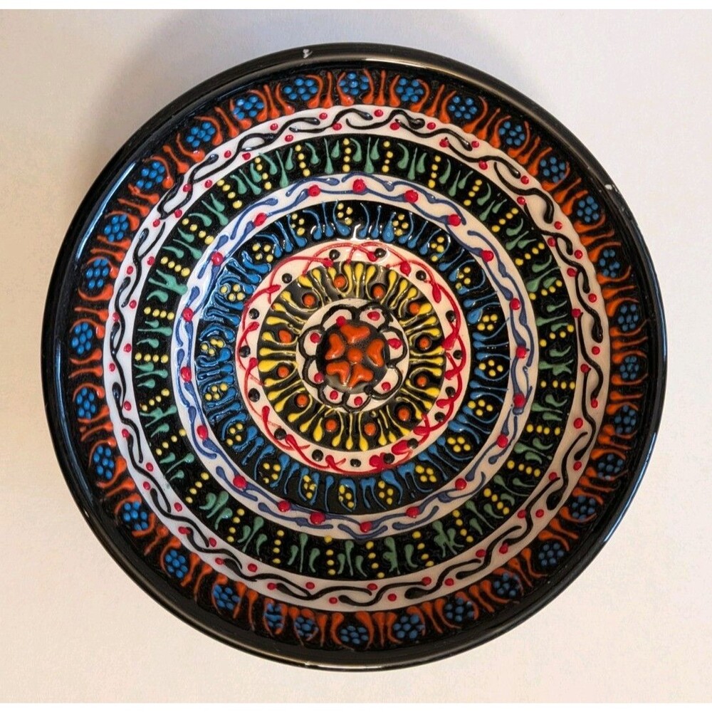 Handmade Turkish Painted Embossed Ceramic Candy Trinket Bowl Dish 4.75" Dia